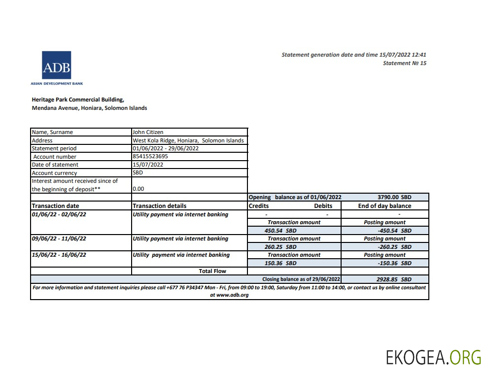 Relevé bancaire de la BAD des Îles Salomon, modèle Excel et PDF